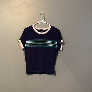 Navy Rue 21 top with green white and black stripes